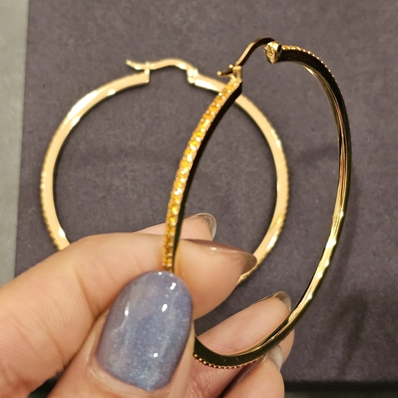 Citrine 2.25" hoop earrings set in 14k gold plated sterling silver. Hinged clasp - Picture 9 of 10